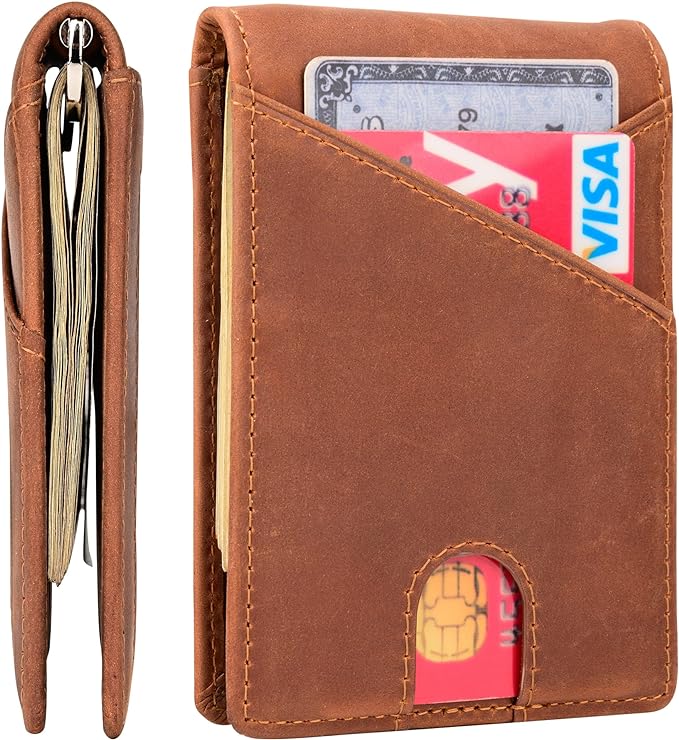 kinzd Slim Wallet with Money Clip RFID Blocking Minimalist Bifold Wallet for Men Genuine Leather Front Pocket Card Holder