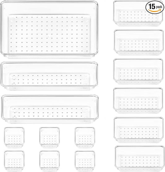 Vtopmart 15 PCS Clear Plastic Drawer Organizers Set, 4-Size Versatile Bathroom and Vanity Organizer Trays, Non-Slip Storage Containers for Makeup, Jewelries, Bedroom，Kitchen Utensils and Office