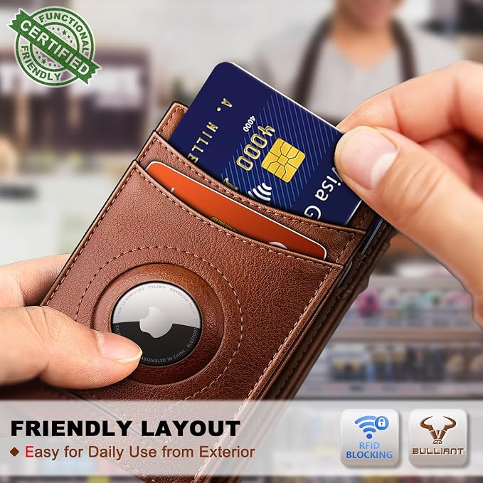 BULLIANT Men Airtag Wallet,Slim Wallet Money Clip Card Holder Magnetic Closure 12 Cards in Front Pocket RFID Blocking