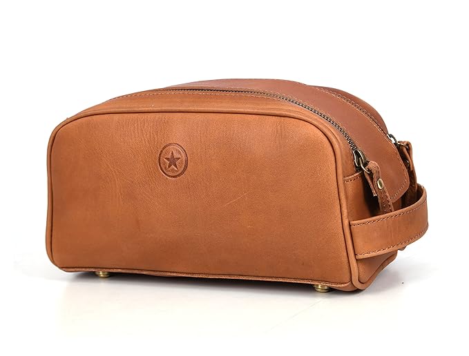 10" Premium Leather Toiletry Travel Pouch With Waterproof Lining | King-Size Handcrafted Vintage Dopp kit By Aaron Leather Goods (Buckthrown Brown)