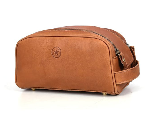 10" Premium Leather Toiletry Travel Pouch With Waterproof Lining | King-Size Handcrafted Vintage Dopp kit By Aaron Leather Goods (Buckthrown Brown)