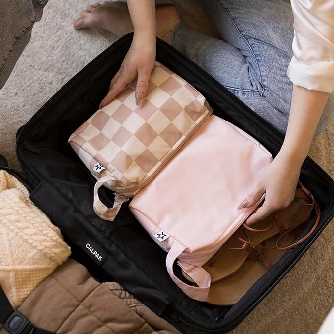 Tiny Twinkle Waterproof Travel Toiletry & Makeup Bag Organizer | Makeup Pouch with Multiple Compartments & Snap Handle for Travel | Gift for Teen Girls and Women（Beige Checkers