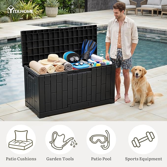 YITAHOME 60 Gallon Outdoor Storage Box, Waterproof Resin Deck Box with Slide-Locking Lid, Patio Storage Bin and Bench Seat for Patio Furniture, Garden Tools and Pool Accessories, Black