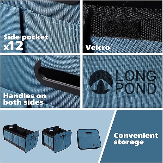 Long Pond Car Trunk Organizer, Storage for SUVs or Sedans, Foldable Cargo Containers with 9 Pockets and Reinforced Handles, with Non-Slip Bottom, Collapsible Storage for SUVs, Sedans, or Any Cars