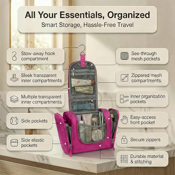 Bago Travel Toiletry Bag for Women and Men - Large Waterproof Hanging Large Toiletry Bag for Bathroom and Travel Bag for Toiletries Organizer - Makeup Bag (SnowPurple)