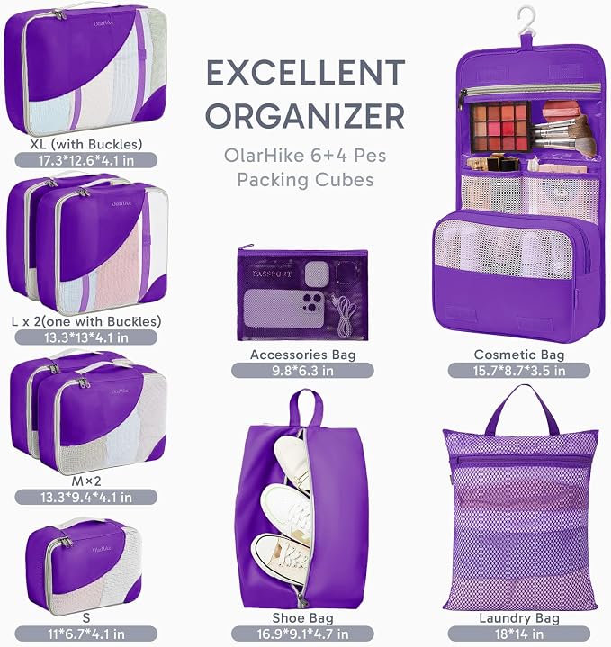 OlarHike 10 Set Packing Cubes for Travel, Gifts for Women Mom,Anti-Tearing Suitcase Organizer with Over 1000 pcs Mesh Holes,Vacation Essentials & Accessories for Cruise Ship