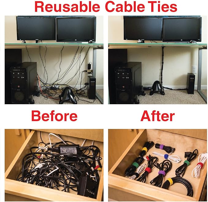 Cable Clips Black with 3M Adhesive, Multipurpose Small Wire Clamps for Cable Management and Cable Runs - 50 Pack Black Bundled with 10 Reusable Cable Ties, Screws Included for Permanent Mounting
