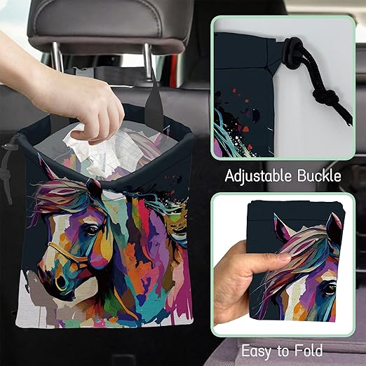 Colorful Horse Car Garbage Bag,Pop Art Horse Waterproof Small Car Trash Bag Hanging Back of Seat,Drawstring Hanging Car Trash Bag with Adjustable Buckle for Car Accessories