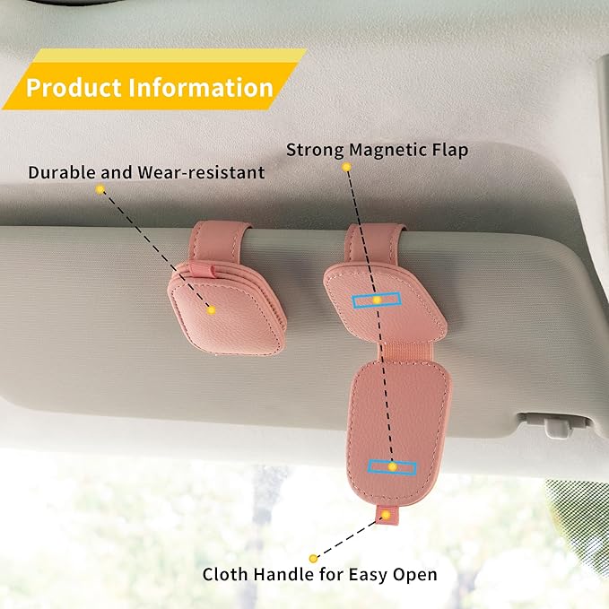 Yuoyar Sunglass Holder for Car, Magnetic Leather Sunglasses Holder and Ticket Card Clip, Car Visor Accessories, 2 Packs (Pink)
