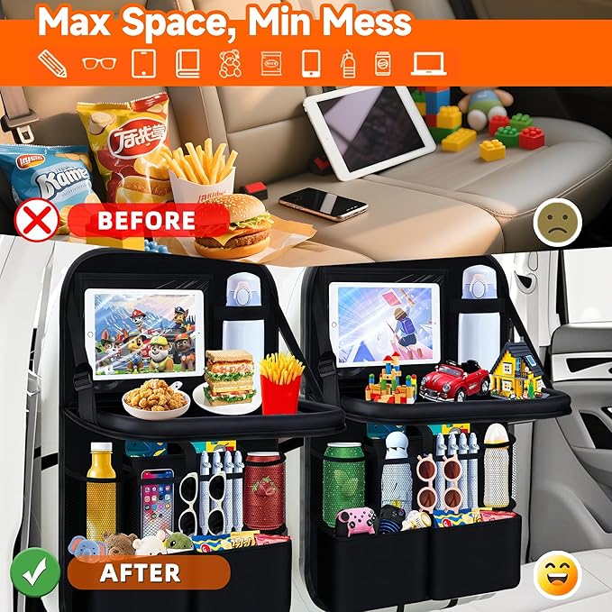 2PCS Backseat Car Organizer with Foldable Tray-11+2 Pockets Car Organizer and Storage,Car Seat Back Protector Road Trip Essentials Storage Caddy/Stuff for Cars/Truck/SUV Christmas Gifts