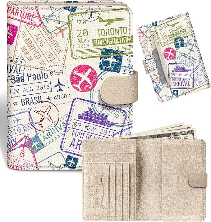 Slohif Passport Wallet Holder Cover for Travel - Women Men RFID Blocking Passport Book Case Protector, Cream Stamp Airplane Leather Personalized Organizer Slim Carrier Boarding Pass Cards Slots
