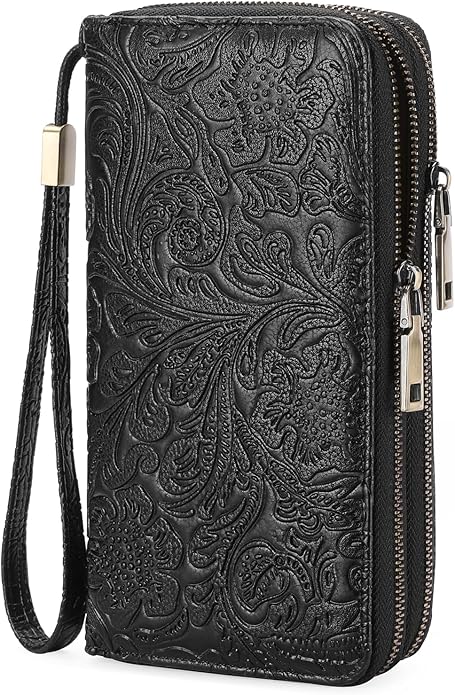 GOIACII Women's Wallet Wristlet Ladies Phone Purse RFID Blocking Large Card Holder Double Zip Grip Strap Vegan Leather