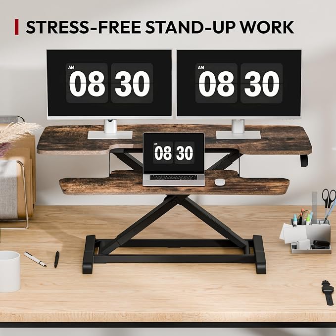 SANODESK 42" Extra Large Standing Desk Converter, Effortless Lift Sit-Stand Riser, Heavy Duty Multi-Device Workstation, Spacious Ergonomic Desktop Riser, Rustic Brown