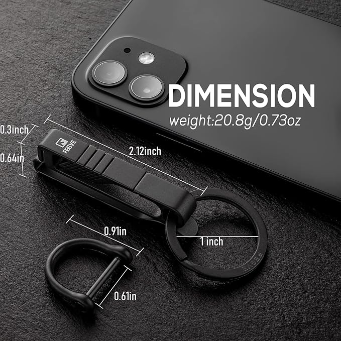 FEGVE Key Belt Clip, Titanium Belt Key Holder Carabiner Keychain Clip with Titanium Key Ring and D-Shaped Keyring for Men（Black）