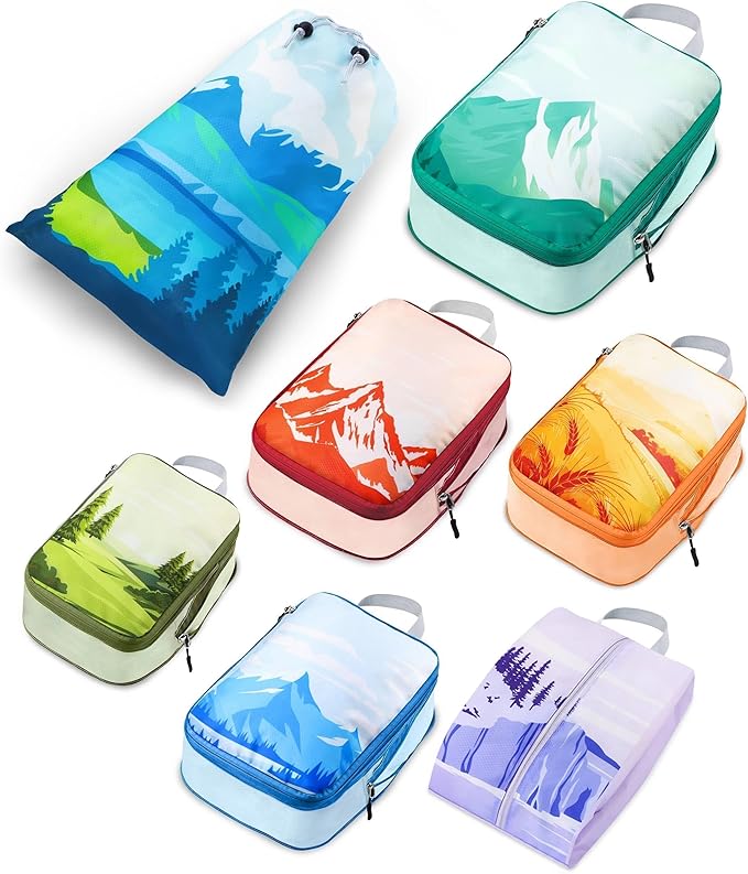 7 Set Compression Packing Cubes for Travel - Compressible/Expandable Luggage Organizer Bags Set, Double Zipper Packing Organizer for Suitcase, Lightweight Travel Essentials Accessories