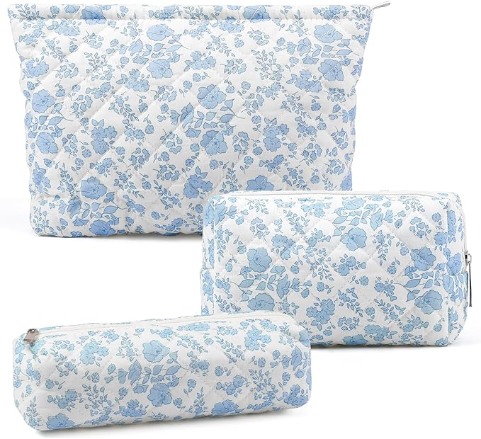 3 Pcs Makeup Bag Cosmetic Bag Set for Girls Women Checkered Travel Organizer Bathroom Toiletry Pouch Large Capacity Storage Bag(Blue Flower)
