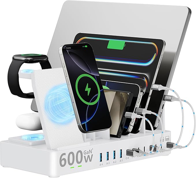 600w Charging Station for Multiple Devices, 15 in 1 Wireless Charging Station for Apple, Dual 100w USB C Tablet Charging Station for MacBook,iPhone,iPad,Tablet (White)