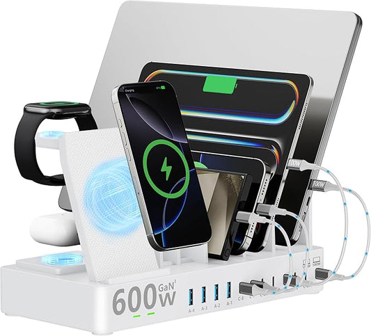 600w Charging Station for Multiple Devices, 15 in 1 Wireless Charging Station for Apple, Dual 100w USB C Tablet Charging Station for MacBook,iPhone,iPad,Tablet (White)