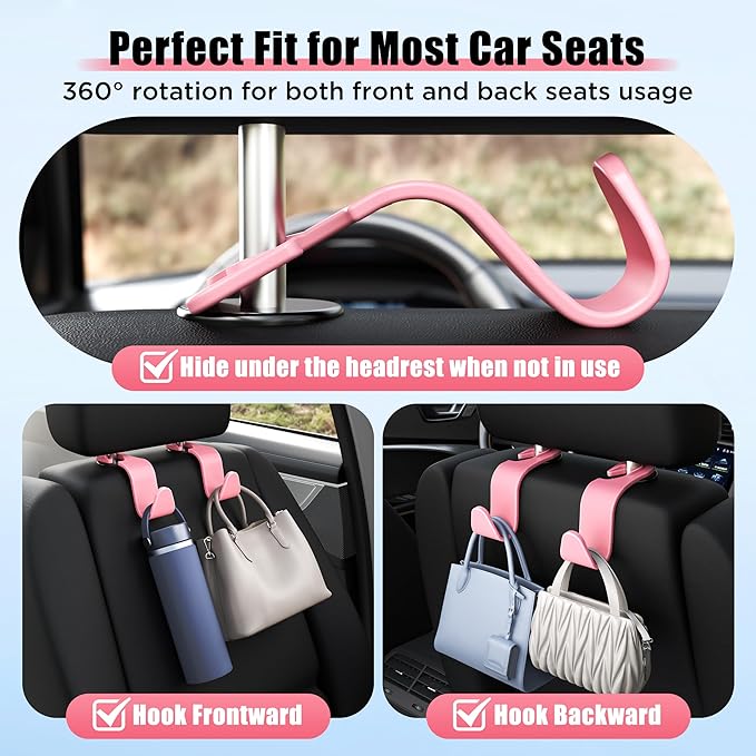 Amooca Car Seat Headrest Hook 4 Pack Hanger Storage Organizer Universal for Handbag Purse Coat Universal fit Vehicle Car Pink with Clip