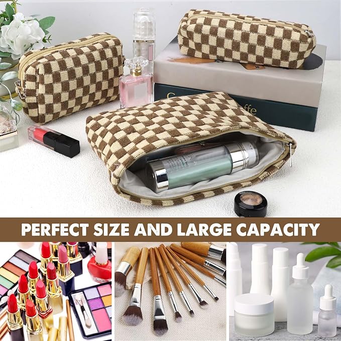 3 Pcs Makeup Bag Cosmetic Bag Set for Girls Women Checkered Travel Organizer Bathroom Toiletry Pouch Large Capacity Storage Bag (Brown)