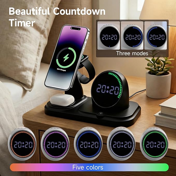 6 in 1 Wireless Charger i-Phone Charging Station: Stand for Multiple Devices for Apples - Compatible i-Phone 17 16 15 14 13 Pro Max Apples Watch Airpods, Design with Wireless Speaker & Clock (Black)