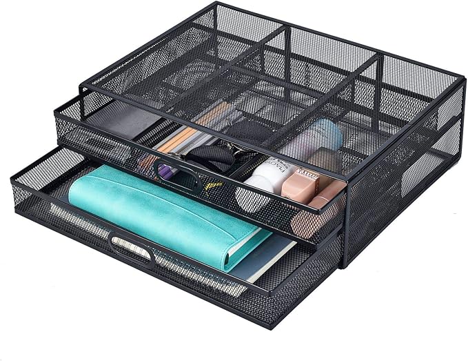 Monitor Stand Riser with Drawer - Metal Mesh Desk Organizer with Dual Pull Out Storage Drawer, Printer Holder with Pull Out Storage Drawe
