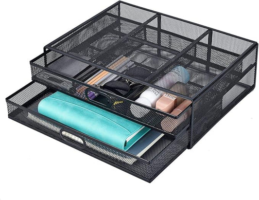 Monitor Stand Riser with Drawer - Metal Mesh Desk Organizer with Dual Pull Out Storage Drawer, Printer Holder with Pull Out Storage Drawe