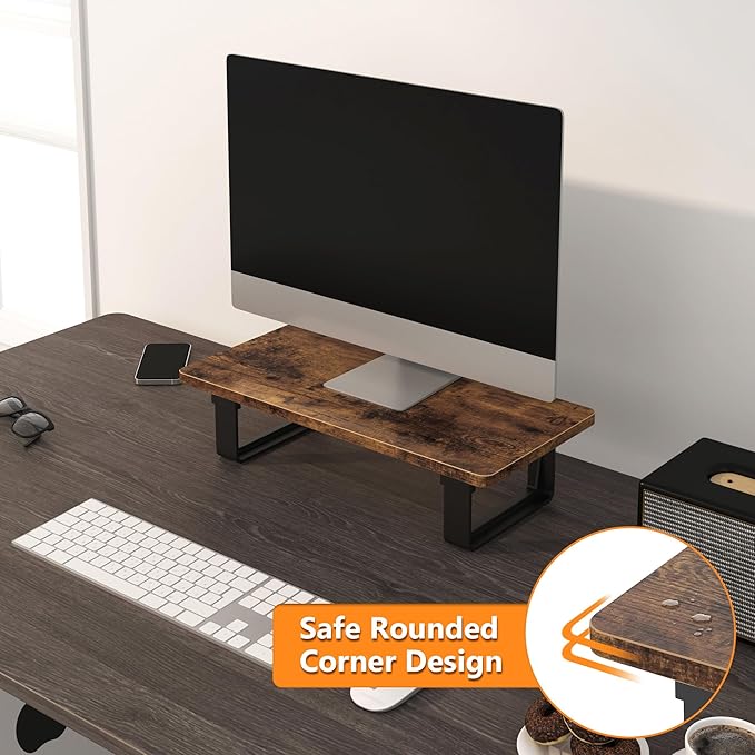 Monitor Stand Riser with 50 LB Capacity, Stable Wood Computer Monitor Stand for Desk Organizers, Anti-slip Computer Riser Monitor Shelf for PC Laptop Notebook Printer Computer iMac, Rustic Brown