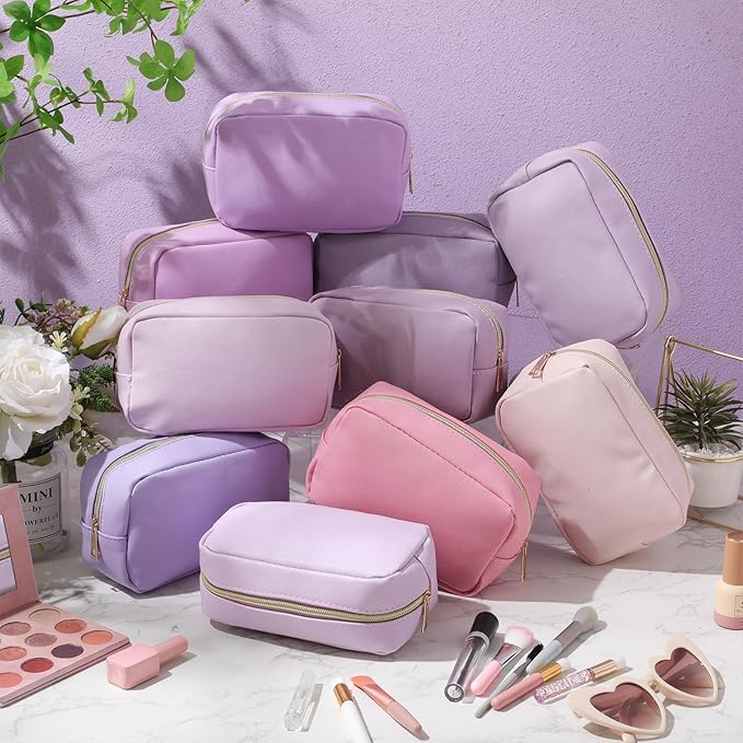 Sweetude 10 Pcs Makeup Bag Bulk for Women Preppy Gift PU Leather Cosmetic Bag Small Skincare Toiletry Pouch Mother Travel Cosmetic Pouch for Bridesmaid Bride Wedding Gift Favors (Purple)