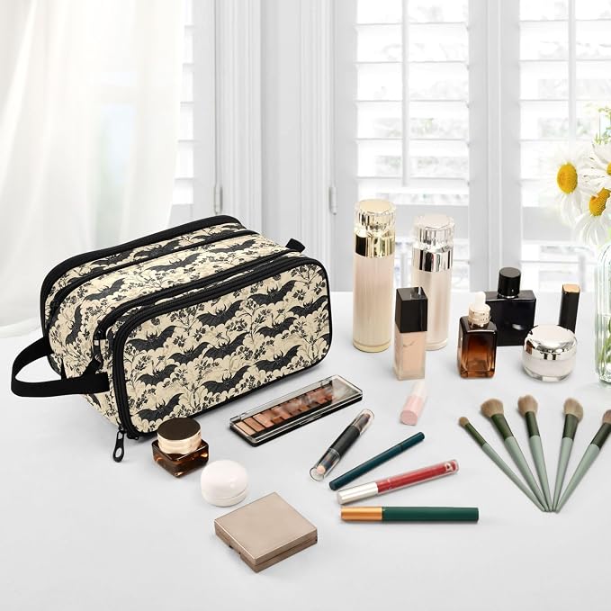 MNSRUU Large Capacity Makeup Bag, Bats and Flowers Vintage Cosmetic Bag Portable Toiletries Pouch with Compartments Makeup Organizer Case for Travel Women