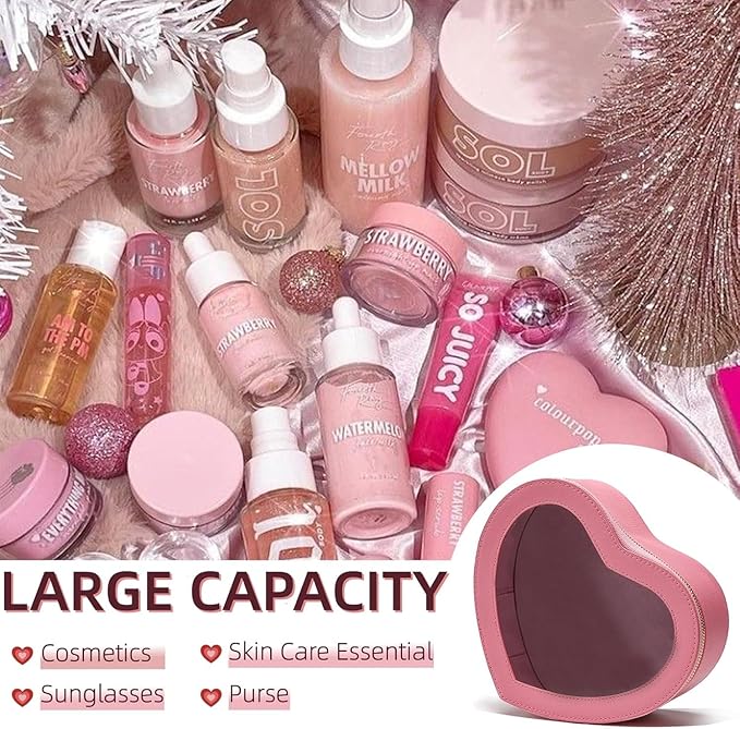 Pink Heart Makeup Bag-Heart Shaped Valentine Day Gift for Her,Pink Clear Top Open Cosmetic Organizer, Large Waterproof Travel Makeup Bag for Girls Women