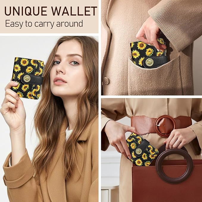 Kelvoris Sunflower Small Rfid Women Wallet Bifold Zipper Coin Pocket PU Leather Compact Cash Credit Card Holder Travel Wallet for Female Ladies Teen Girls 1 ID Window 10 Card Slots