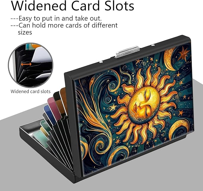 Credit Card Holder, Sun Moon Stars Design Mini RFID Blocking Aluminum Wallet Slim Metal Hard Case Shell Travel Wallet ID Case Small Credit Cards Case Business Cards for Women Men Girls