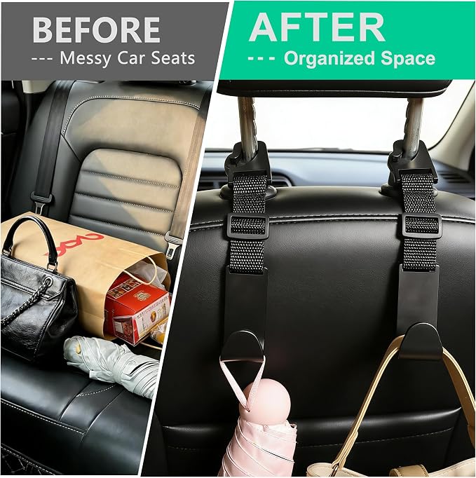Amooca Adjustable Car Headrest Hooks, 4 Pack Universal Fit Vehicle Seat Back Organizer Hanger for Purse, Bags & Groceries, Black