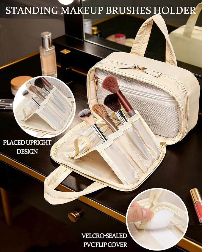 Small Makeup Bag, Travel Cosmetic bag, Toiletry Bag For Women, Make up Bag With Brush Storage, Hanging Toiletry Bag, Puffy Padded Makeup Organizer Case, Wide-open Travel Essentials (Beige)