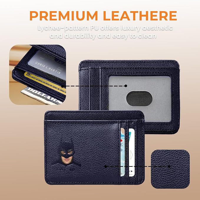 Leather Bat Wallet for Men and Women Personalized Wallet,Design with Cut-out Face,Slim Bat ID Wallet for Quick Access,Multiple Card Slots and Cash Compartments, Best Gift for Holiday（Dark Blue）