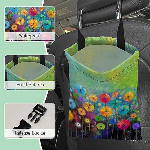 Watercolor Floral Car Trash Bag,Hanging Drawstring Car Garbage Bag, Waterproof Canvas Car Back Seat Organizer with Adjustable Buckle, for Vehicles, SUVs, Camping, Road Trips