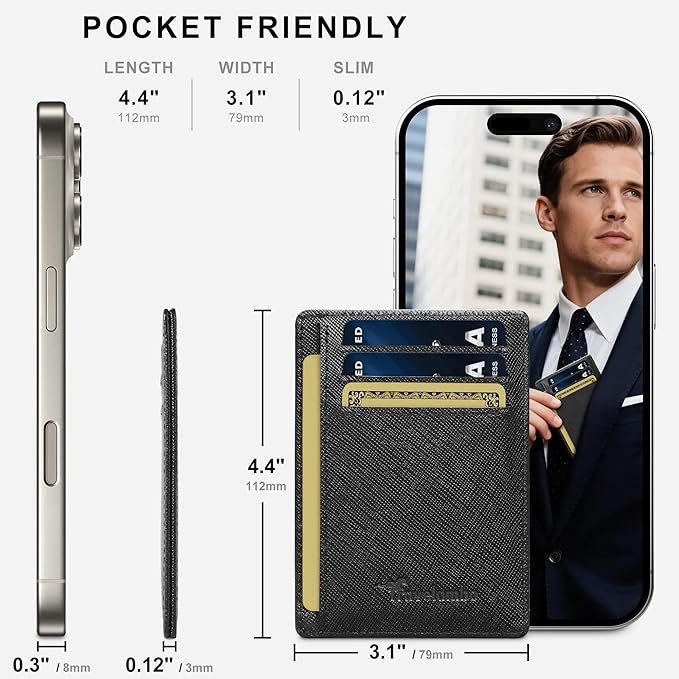Travelambo 100% Genuine Leather Wallet for Men and Women, Slim Minimalist RFID Blocking Front Pocket Credit Card Holder with Gift Box(Cross Black)