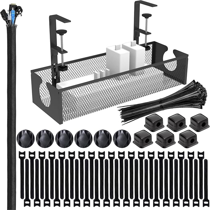 Under Desk Cable Management Tray, No Drill Steel Cord Organizer Kit with 189Pcs Different Essential Accessories for Home Office Standing Desk (13.4inch, Black)