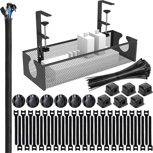 Under Desk Cable Management Tray, No Drill Steel Cord Organizer Kit with 189Pcs Different Essential Accessories for Home Office Standing Desk (13.4inch, Black)