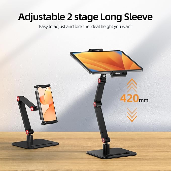 UPERFECT Adjustable Tablet Stand, 360° Swivel & 180° Tilt, Foldable Arm Holder for 4.7??.87'' Telescopic Clamp, Compatible with ??8.5'' Monitor/iPhone/iPad/Tablet, Aluminum Alloy, Black