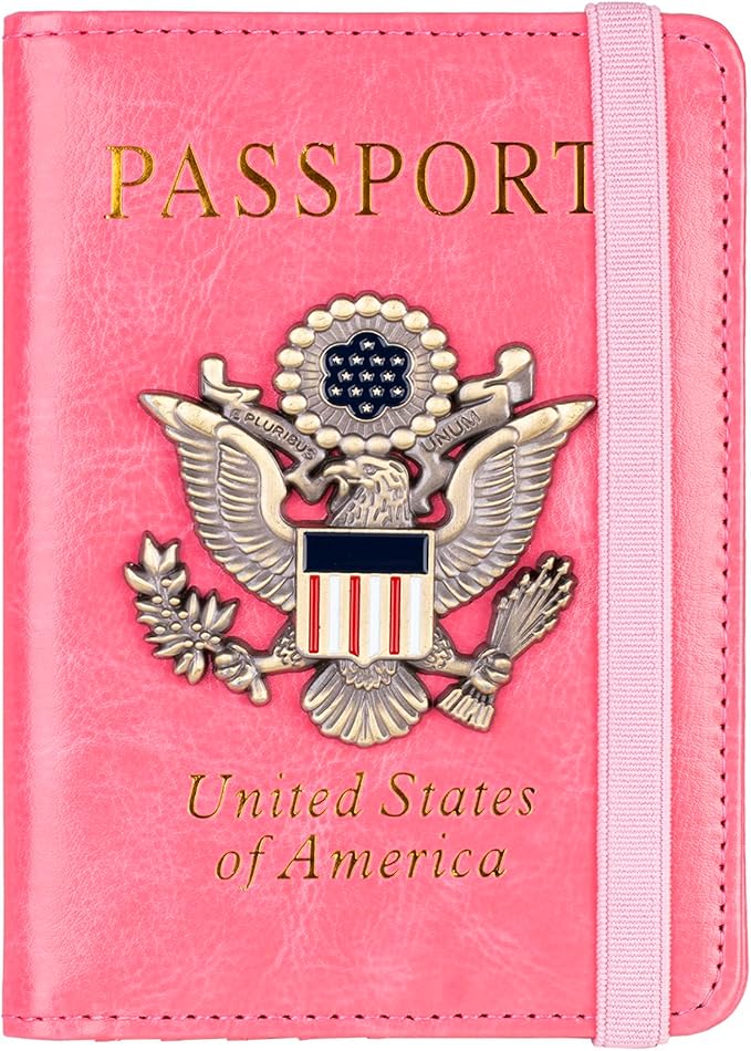 TOURSUIT RFID Blocking Passport Holder for Women Men, Leather Passport Travel Wallet with 3D Metal Badge, Travel Document Holder Cover Accessories (Pink)
