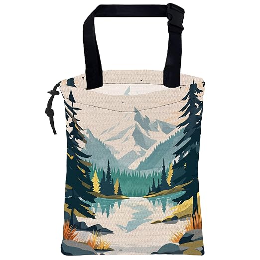 Car Trash Bag Mountain and River Forest Leak-Proof Waterproof Car Garbage Bag with Drawstring Foldable Canvas Trash Bin with Adjustable Buckle for Car Accessories, Travelling, Camping