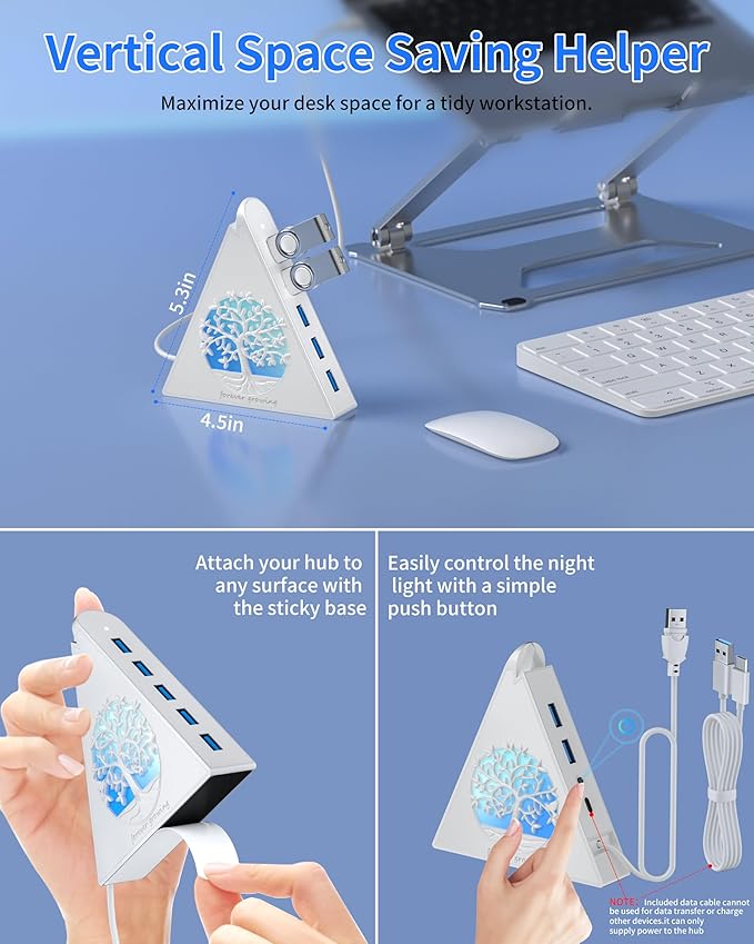 7-Port USB 3.0 Hub, White Vertical USB Hub Splitter with Tree-Shaped RGB Lighting, 5Gbps High-Speed Transfer, 2FT Extension Cable, Compatible with PC, MacBook, Laptop, Flash Drive, Printer
