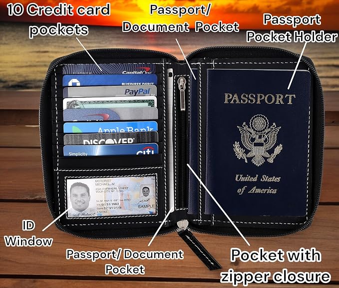 Passport Wallet - Travel Document Holder w/RFID Blocking – Full Grain Leather – Bifold compact zip around Wallet with Credit Card Slots for Women and Men, black floral,500-40