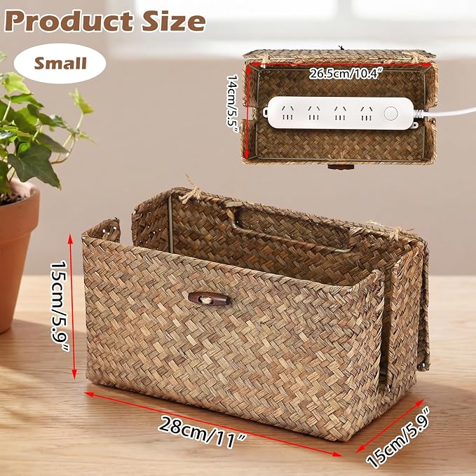 BTSKY Woven Cable Management Box with Lid, Seagrass Cord Organizer with 2 Open Slots for Power Strips & USB Hubs, Under Desk Cord Hider Box for Home Office, Pet Proofing Wire Basket, Small