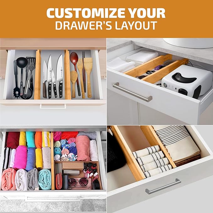 Drawer Dividers - 2.6 Inches High, Adjustable 16 to 22 Inches Bamboo Drawer Organizer, Large Expandable Separator for Clothes, Dresser, Bedroom, Bathroom, Baby, Office, Kitchen Utensils, 4PK, Natural