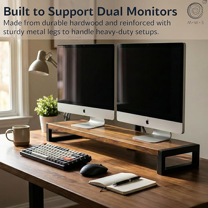 Dual Monitor Stand Riser for Desk ??40??Wide Walnut Solid Wood Desk Riser with Metal U-Legs, Scratch-Resistant, Hassle-Free Assembly