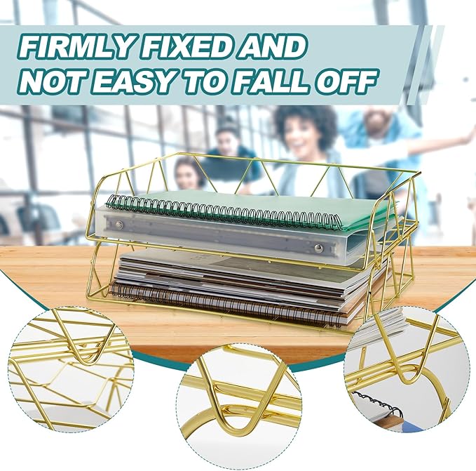 Yeaqee 4 Tier Stackable Gold Desk Organizer Paper Tray Rack Metal Letter Desk File Organizer Horizontal Holder File Trays for Office Desktop Supplies and Accessories