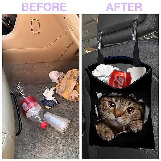 Car Trash Bag Cat in Black Hole Car Trash Bin Leakproof Waterproof Car Trash Can for Back Seat, Foldable Car Garbage Bag with Adjustable Straps and Drawstring for Car Accessories